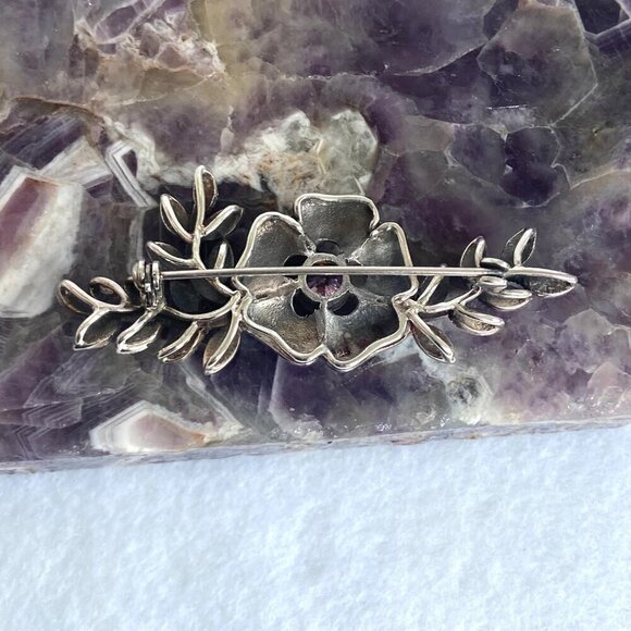 VTG Sterling Silver 925 Marcasite & Round Pink CZ Flower Leaf Foliage Brooch - Picture 7 of 16